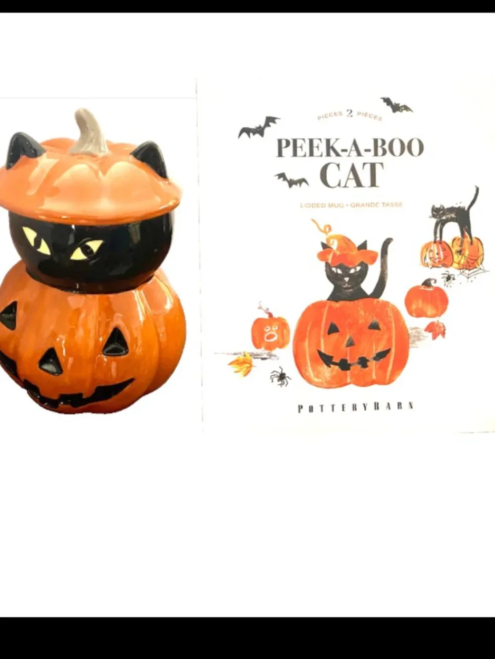 Pottery Barn Black Cat Pumpkin Halloween Cup with Lid Peek a Boo 15 oz.